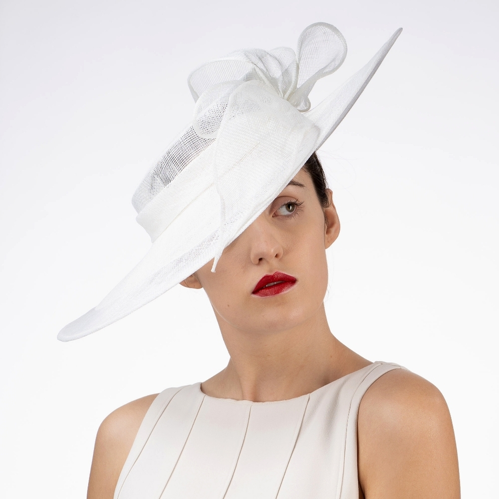 Beloved Millinery Classic White Sinamay Wide Brim Bow Hat Church Brunch Bridal - Picture 2 of 7